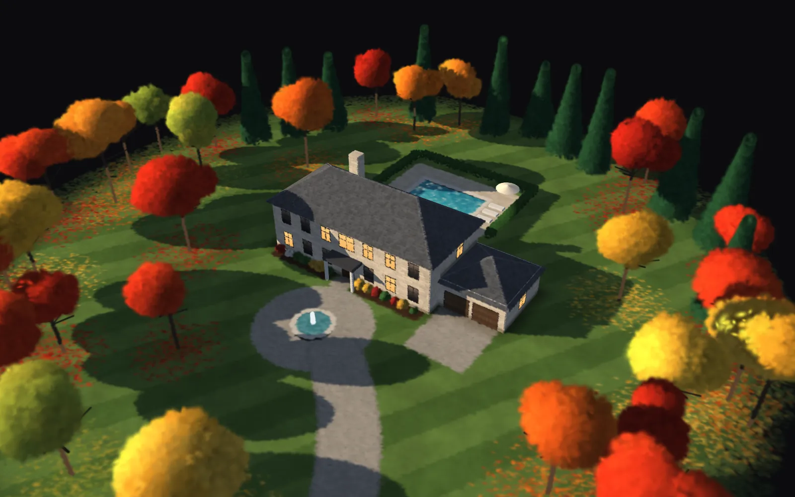 Maquette 3D d’une propriété vue du ciel, avec sa piscine et ses érables d’automne